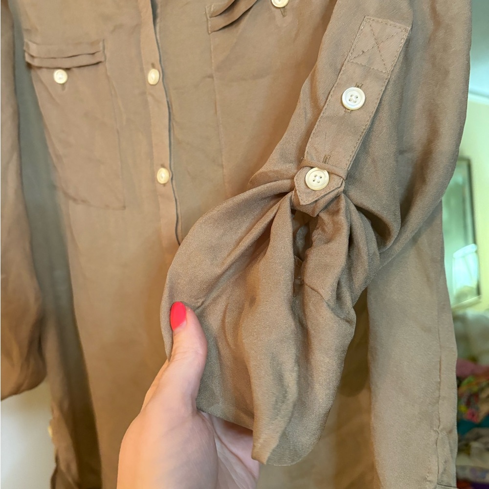 LOFT Taupe Long-Sleeve Button-Front Blouse - Picture 7 of 8
